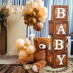 Baby Shower Boxes Party Decorations - 4 Wood Grain Brown Blocks with Baby Letter